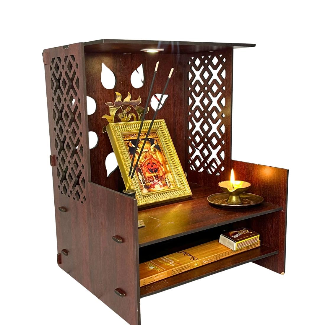 Wooden Temple for Home | Office Pooja Mandir | Pooja Mandir for Home with LED Spot | Wooden Devghar for Home and Office - (Size H-18 W- 11 L-15)