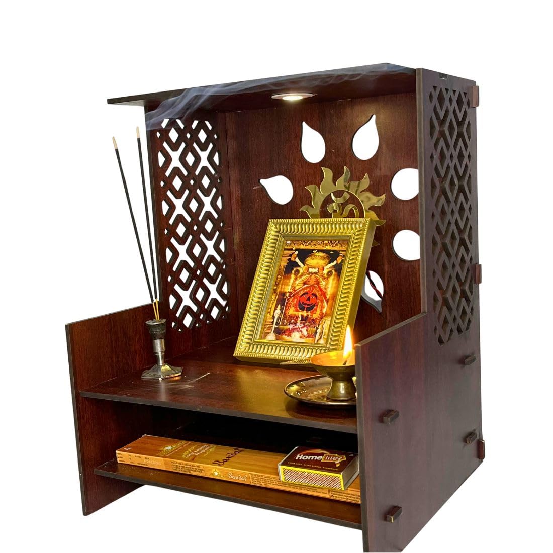 Wooden Temple for Home | Office Pooja Mandir | Pooja Mandir for Home with LED Spot | Wooden Devghar for Home and Office - (Size H-18 W- 11 L-15)